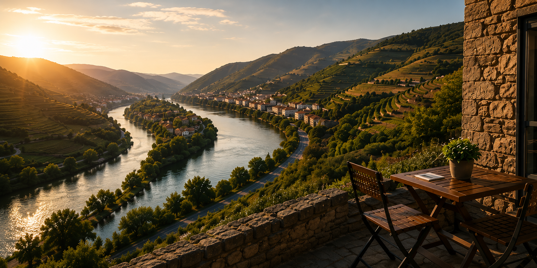 Vista do Douro ao pôr do sol com varanda em primeiro plano